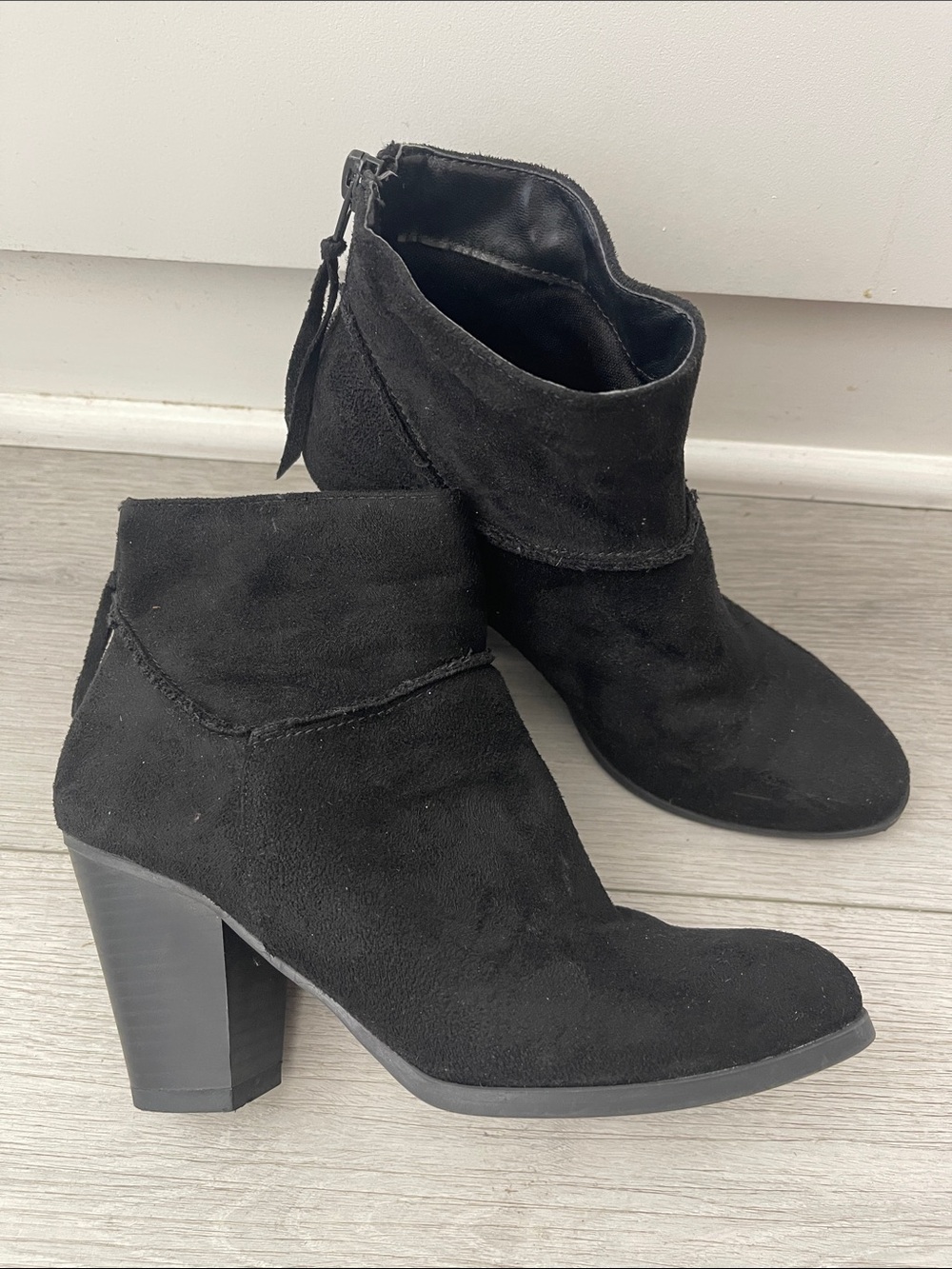 Women's Black Suede Ankle Booties with Block Heel